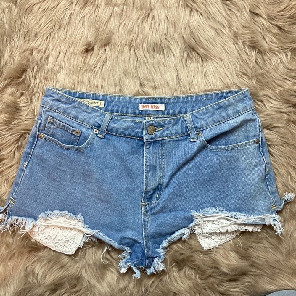 Hot Kiss High Rise Distressed Raw Frayed Hem Denim Shortie- Crochet Pockets
